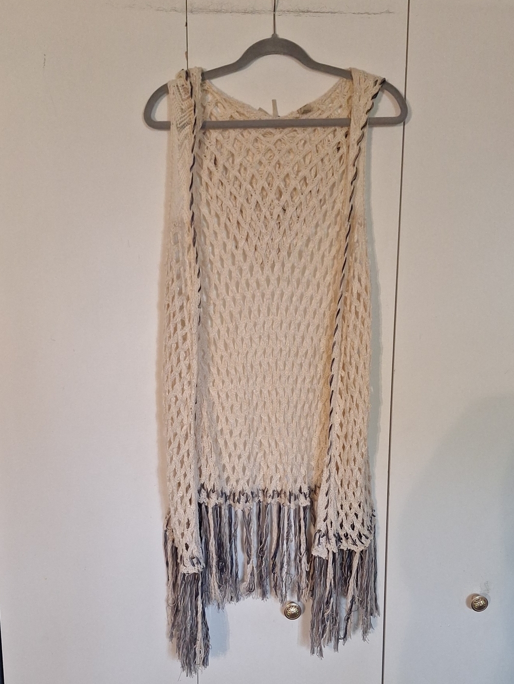 BKE Cream Open-Knit Fringe Duster Vest